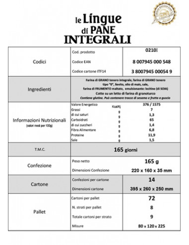 LINGUE DI PANE INTEGRALI PAN DI MASSI 165g
