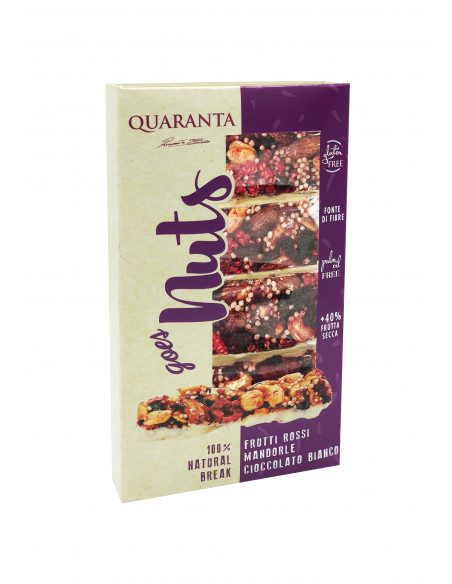 BARRETTE NUTS FRUTTI ROSSI, MANDORLE E CIOCCOLATO BIANCO QUARANTA 120g