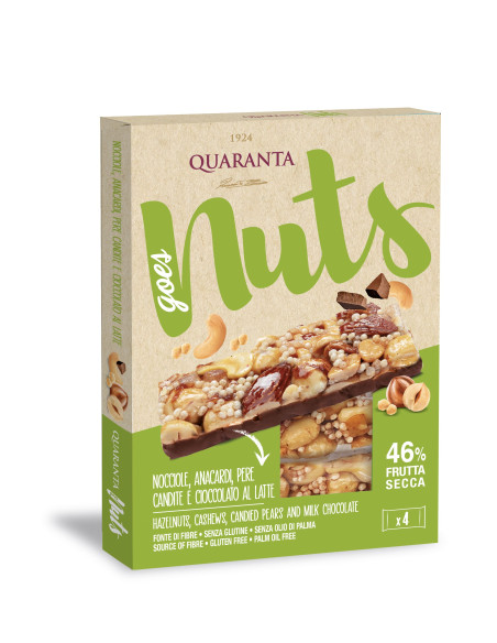 BARRETTE NUTS NOCCIOLA, ANACARDI E PERE CANDITE QUARANTA 120g